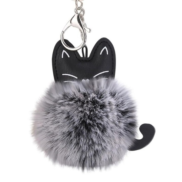 Black Kitty Cat with Grey Pom Pom Keychain - Picture 2 of 16